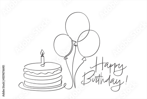 Birthday cake in continuous line art drawing style. Traditional birthday cake with candle on the top minimalist black linear sketch isolated on white background. Vector illustration