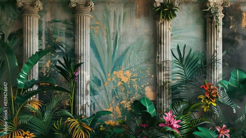 columns in the tropics on a textured background in a watercolor style photo wallpaper in the interior. AI generated illustration