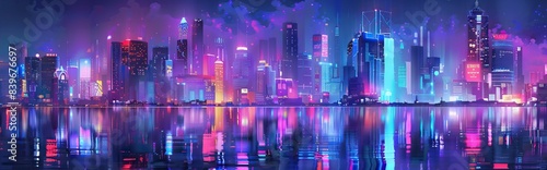 Futuristic city. Concept Art. Cityscape at night with bright neon lights. 3D illustration. AI generated illustration © Gulafshan