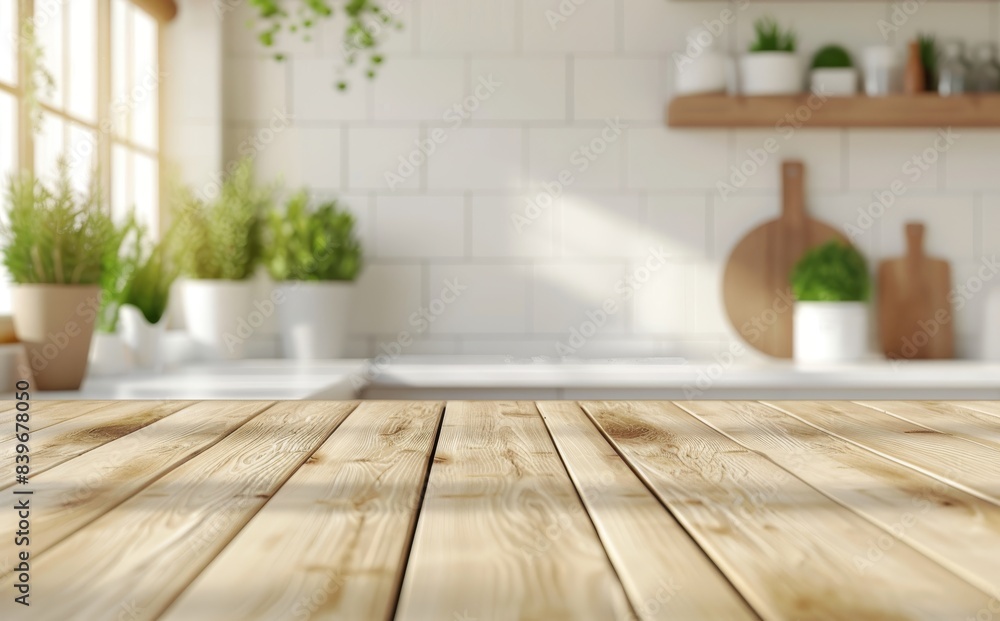 Empty wooden table top with blurred kitchen interior background Empty wooden table top with blurred kitchen interior background