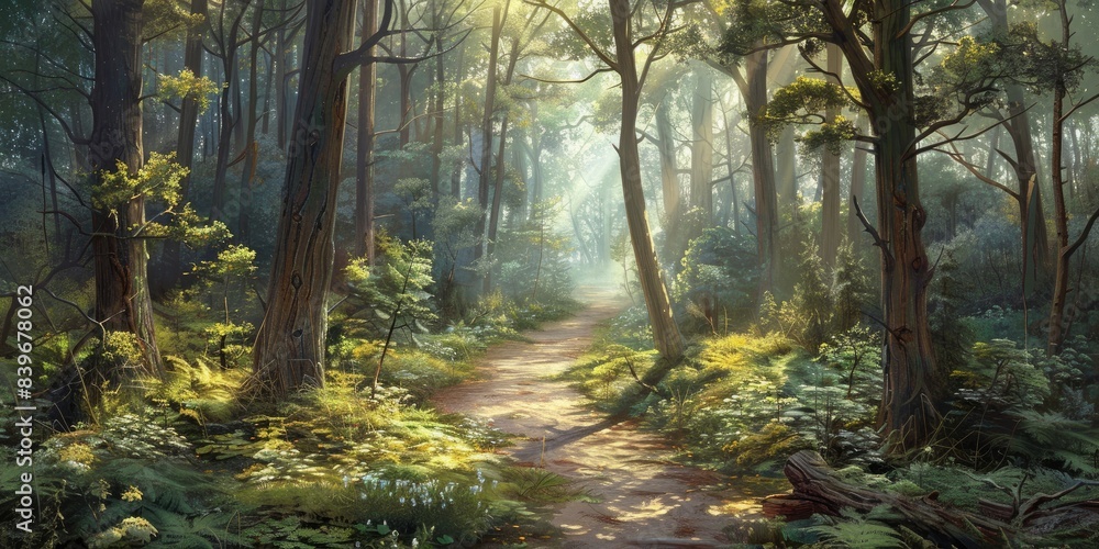 Fototapeta premium Sunlit Forest Path with Lush Greenery