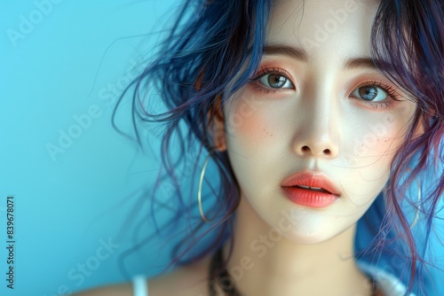 Wallpaper Mural Young Asian woman with vibrant makeup and colorful hair on blue background Torontodigital.ca