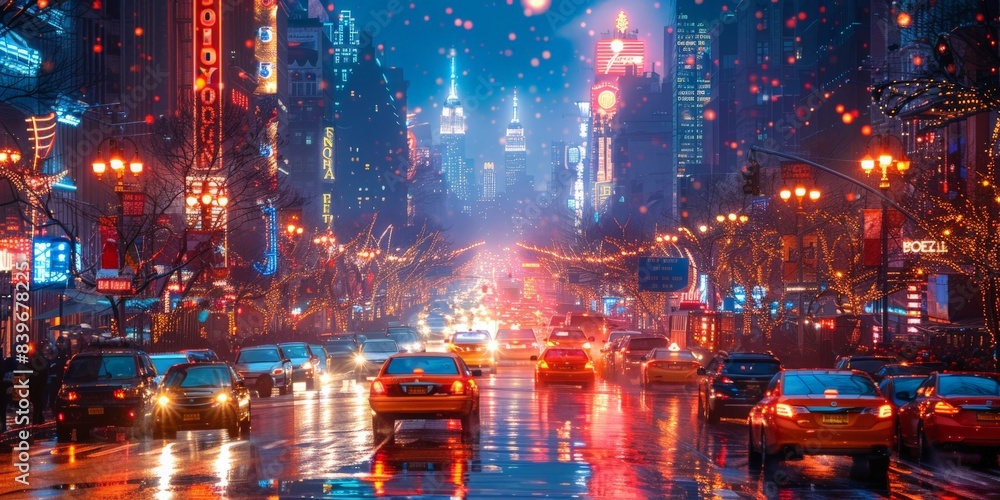 Obraz premium A city street at night with numerous cars driving on it under bright lights