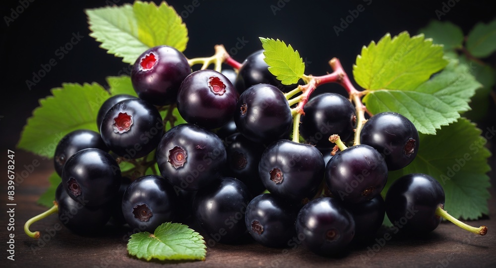 Fototapeta premium Fresh black currant on dark background.