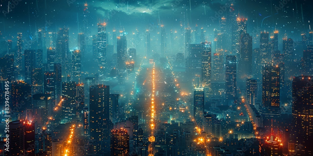 Fototapeta premium City at night panoramic view with sparkling lights illuminating the skyline