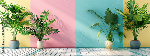 Buntes Banner in fröhlichen Pastelltönen mit Topfpflanzen, Holzfußboden