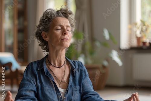 A woman seated in a yoga pose with eyes closed, suitable for wellness and relaxation images