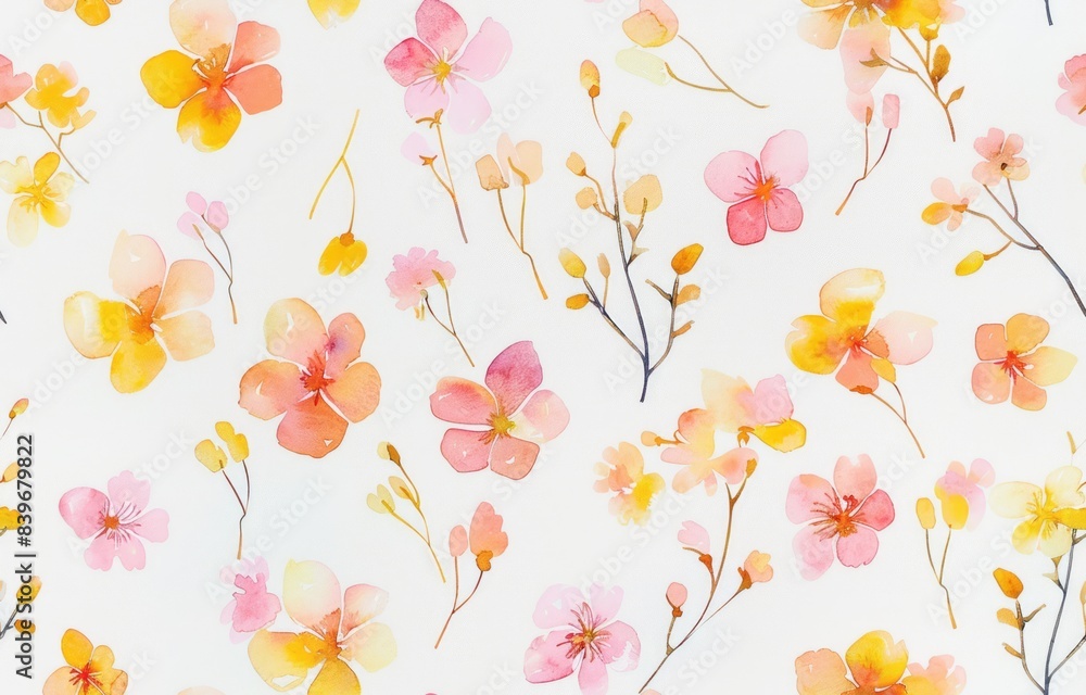 A white background with small pastel watercolor flowers in pink, yellow and orange A white background with small pastel watercolor flowers in pink, yellow and orange