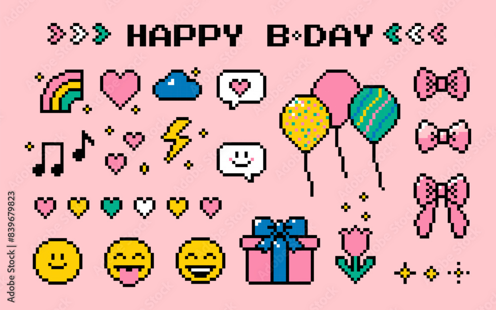 Fototapeta premium Pixel art happy birthday elements collection. Present, ballon, holiday, party icon set. Colorful. Y2k trendy playful pixelated stickers. Mood of 90's aesthetics. 8-bit retro style vector illustration