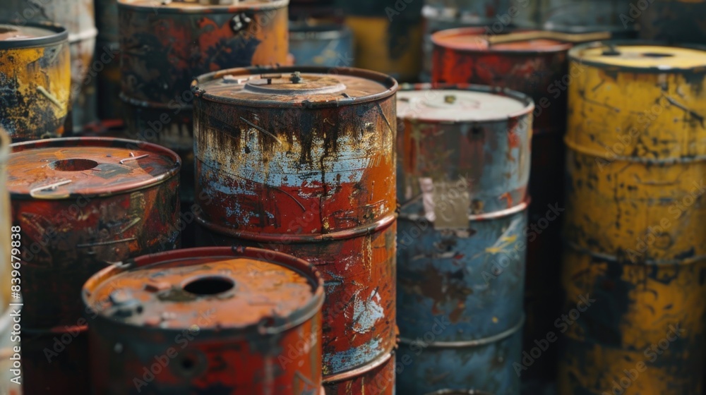A collection of old, rusted metal drums stacked together A collection of old, rusted metal drums stacked together