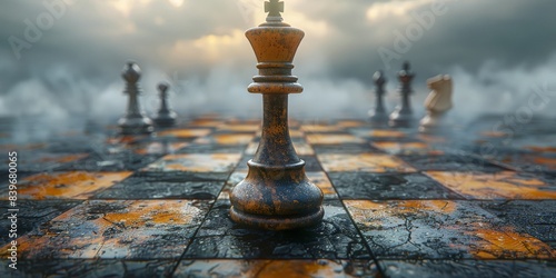 A king stands on a chess board surrounded by other pieces photo
