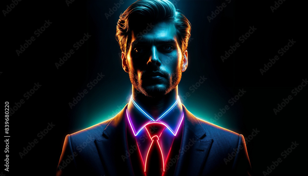 Man Wearing Suit With Neon Light Tie Against Dark Background Man Wearing Suit With Neon Light Tie Against Dark Background