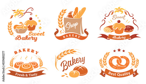 Bakery icons. Set of vector labels of bread, pastries and sweets bakery. Isolated signs and symbols for bakery and shop. Fresh and natural bread, rolls, baguettes, donuts, bagels and croissants
