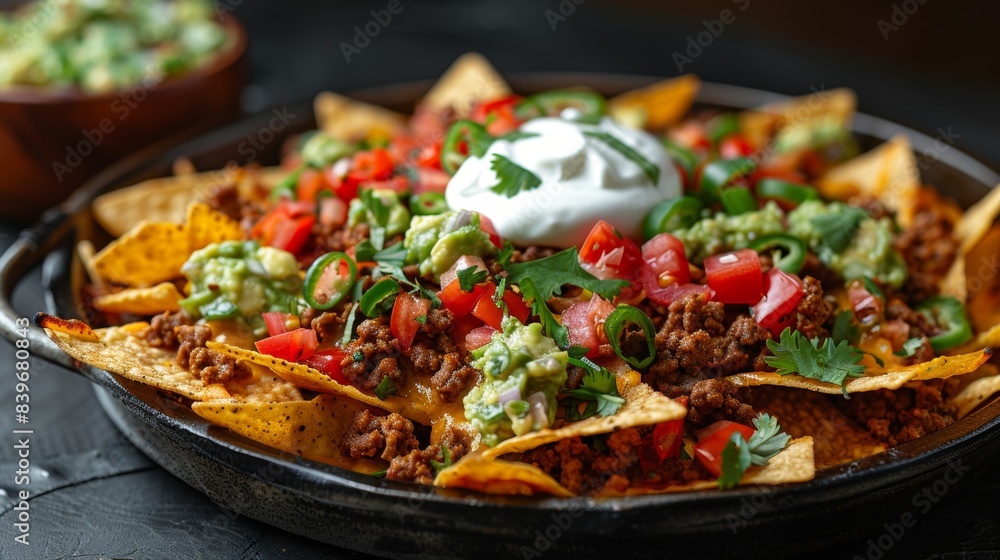 game day nachos, deliciously spicy nachos with beef, guacamole, and cream a perfect game day snack on a platter thatll make your mouth water