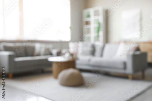 Interior of stylish living room with cozy sofa, shelving unit, coffee table and olive tree, blurred view