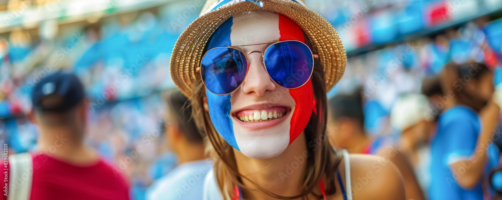 Happy French female supporter with face painted in French flag colors, French fan at a sports event such as football, soccer or rugby match, blurry stadium background Happy French female supporter with face painted in French flag colors, French fan at a sports event such as football, soccer or rugby match, blurry stadium background