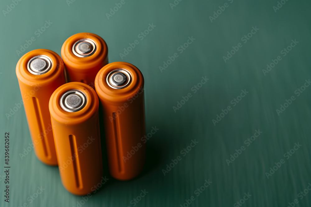 A close-up of four orange batteries standing upright on a green surface, highlighting energy storage and power supply with copy space, banner A close-up of four orange batteries standing upright on a green surface, highlighting energy storage and power supply with copy space, banner