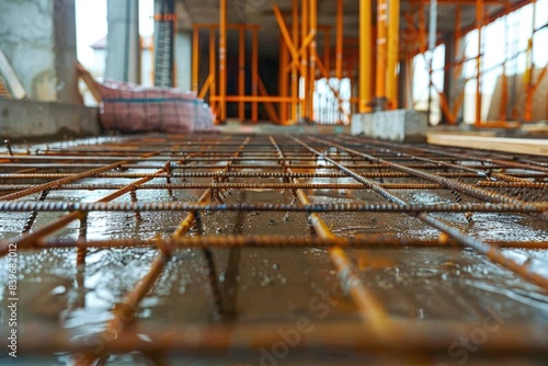 A close-up shot of a steel bar on a construction site, with background noise and machinery sounds