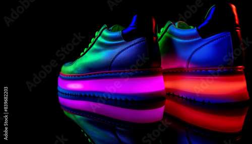 Neon Green And Blue Sneakers With Bright LED Lights On Black Background