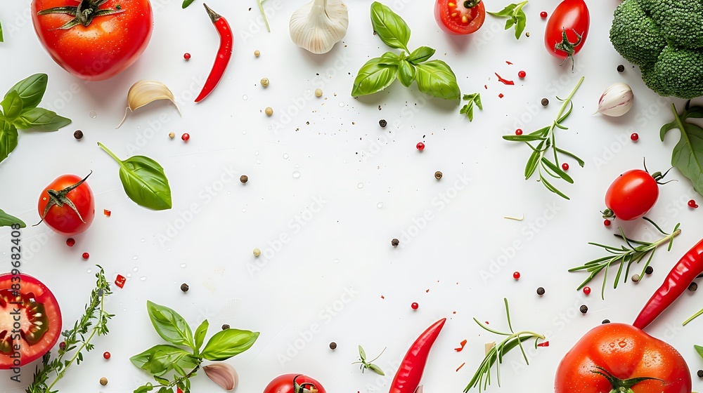 Abstract background with various vegetables on a white table, in a flat lay top view with space for text, stock photo contest winner, banner design, website header Abstract background with various vegetables on a white table, in a flat lay top view with space for text, stock photo contest winner, banner design, website header