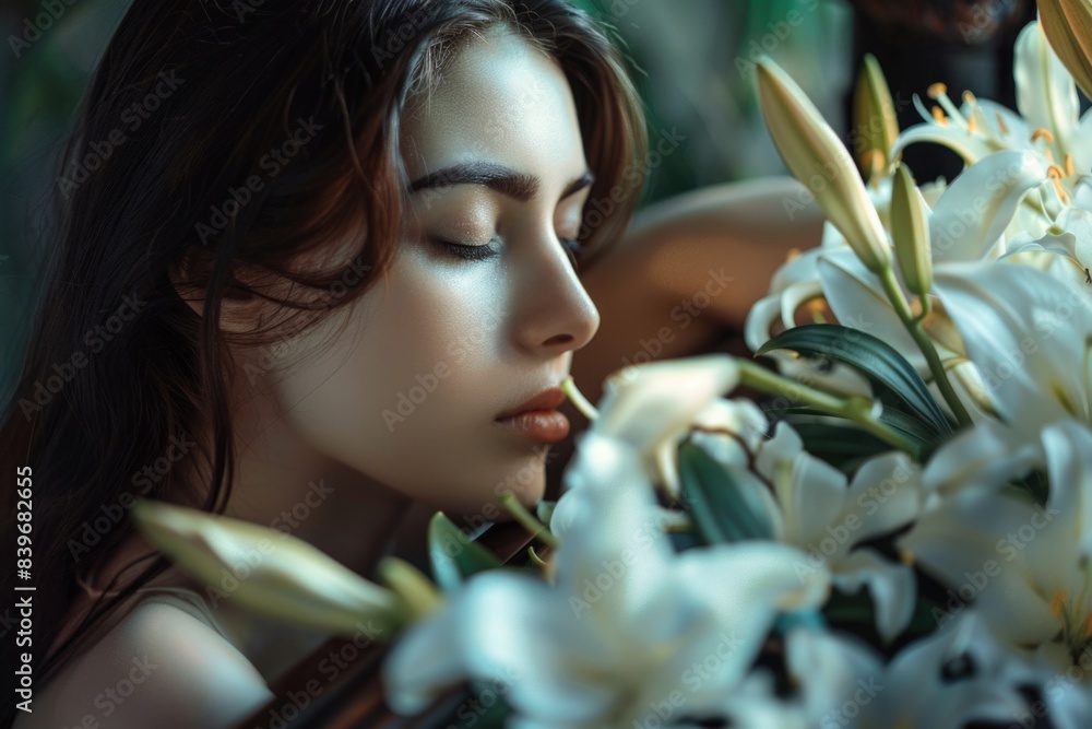 Fototapeta premium A woman holds a bouquet of white flowers and takes a sniff, with a look of appreciation on her face