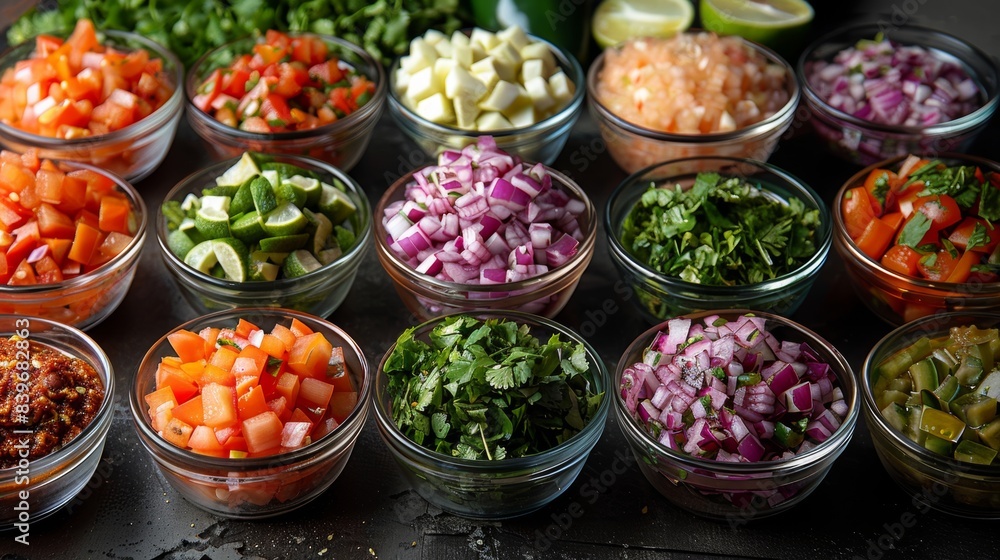 kitchen counter cleared of clutter showcasing bowls of freshly chopped ingredients ready for making homemade salsa, implies traditional recipe idea kitchen counter cleared of clutter showcasing bowls of freshly chopped ingredients ready for making homemade salsa, implies traditional recipe idea