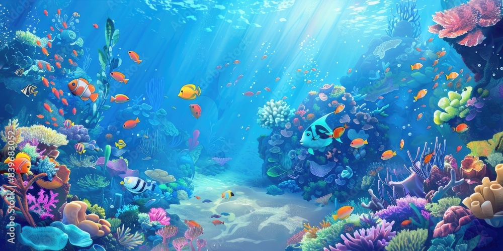 Naklejka premium Vibrant Coral Reef with Tropical Fish