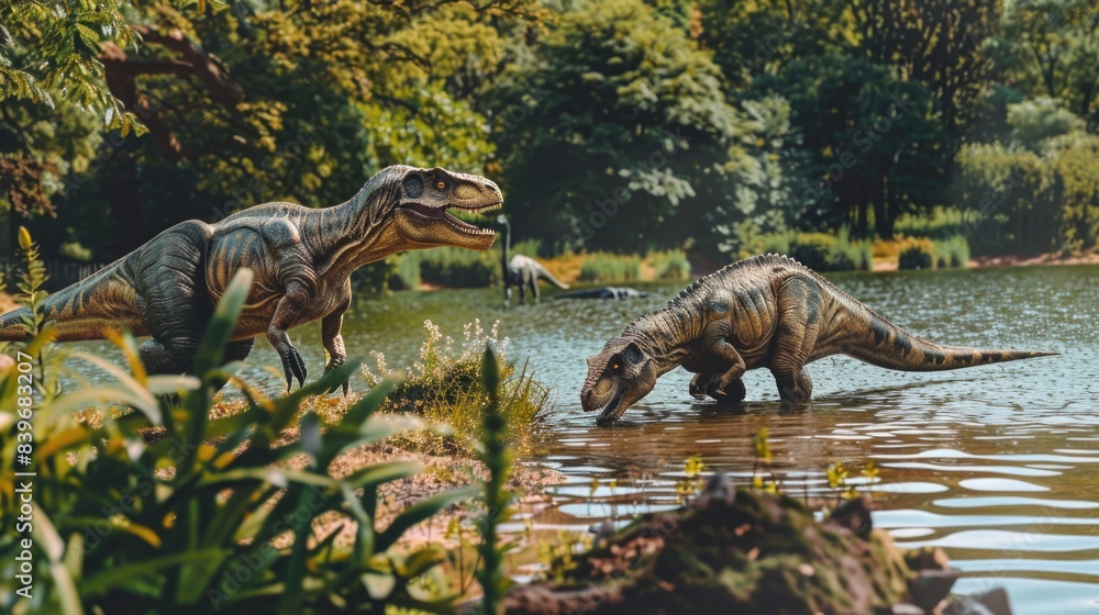 Two prehistoric dinosaurs wading in a calm aquatic environment, providing a unique opportunity for use in educational or fictional contexts Two prehistoric dinosaurs wading in a calm aquatic environment, providing a unique opportunity for use in educational or fictional contexts
