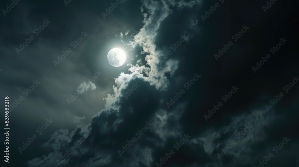Image of a full moon partially hidden by clouds in the sky Image of a full moon partially hidden by clouds in the sky