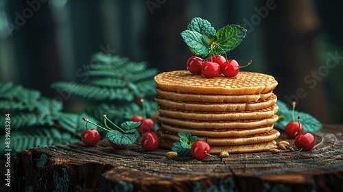   A pancake tower atop a tree stump, adorned with cherries on every pancake