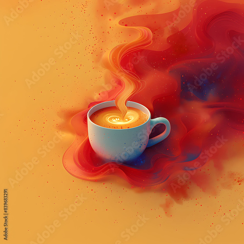 Isometric art of cup of coffeewith creativity and ideas flowing dreamy summer color paletteaestehtic minimal design photo