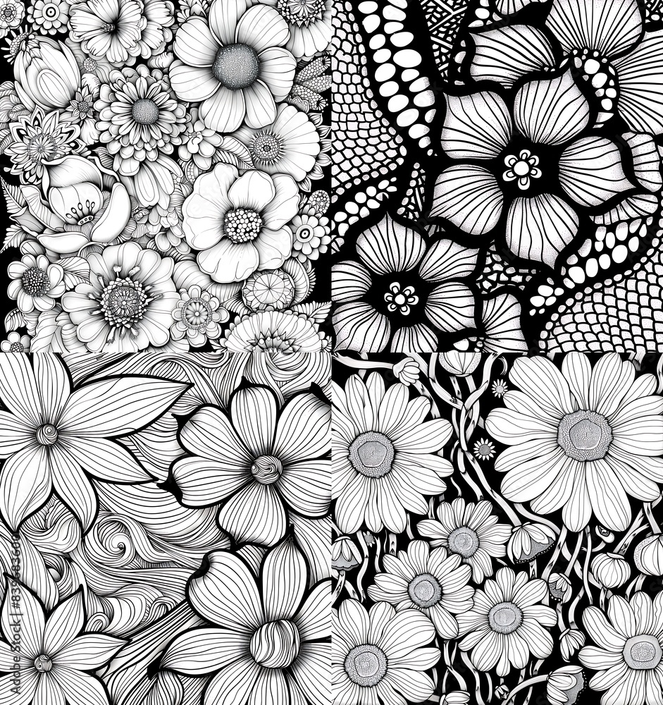 abstract black and white line art coloring page of lace pattern, flowers abstract black and white line art coloring page of lace pattern, flowers