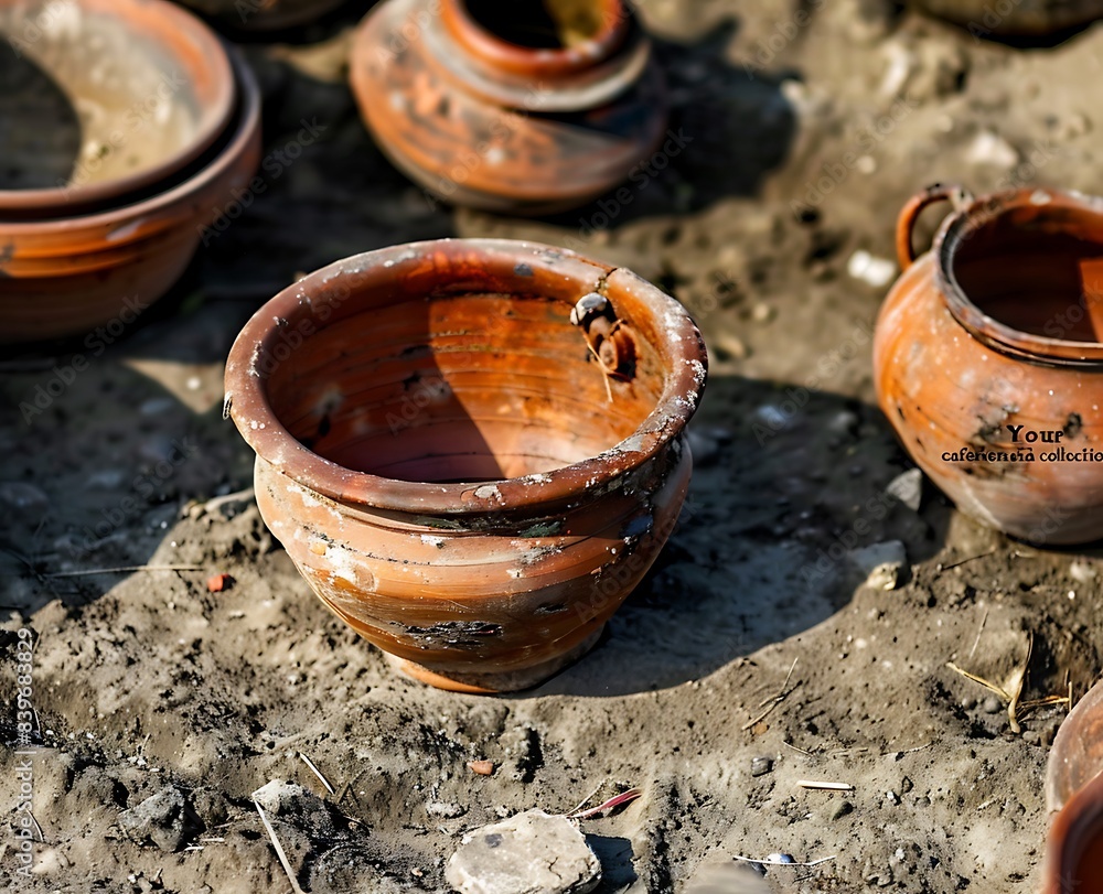 An ancient clay bowl with a handle, lying on the ground next to other ceramic pots, ready for use in cooking or serving food An ancient clay bowl with a handle, lying on the ground next to other ceramic pots, ready for use in cooking or serving food