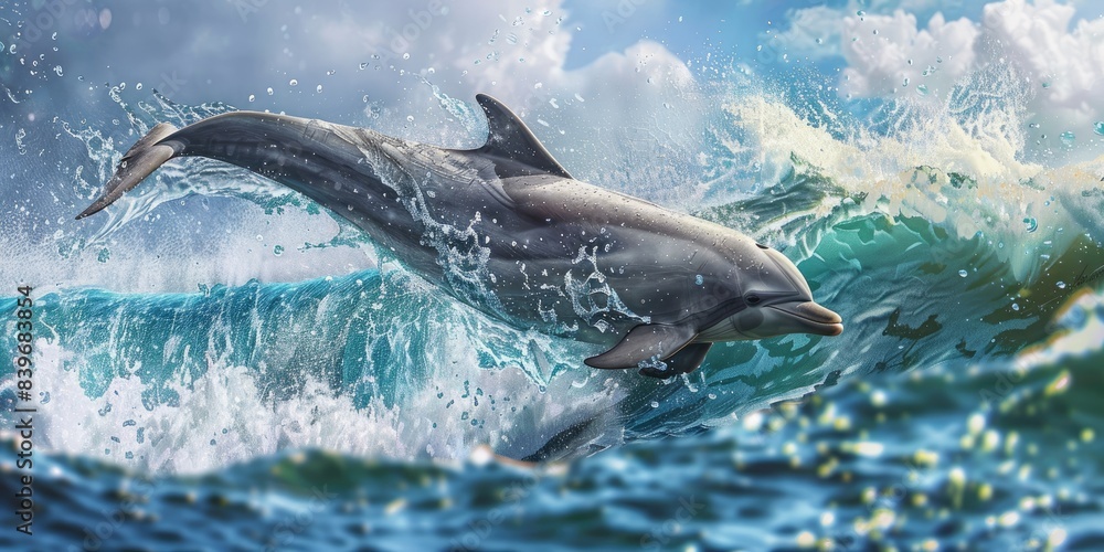 Fototapeta premium Dolphin Jumping Through Ocean Waves