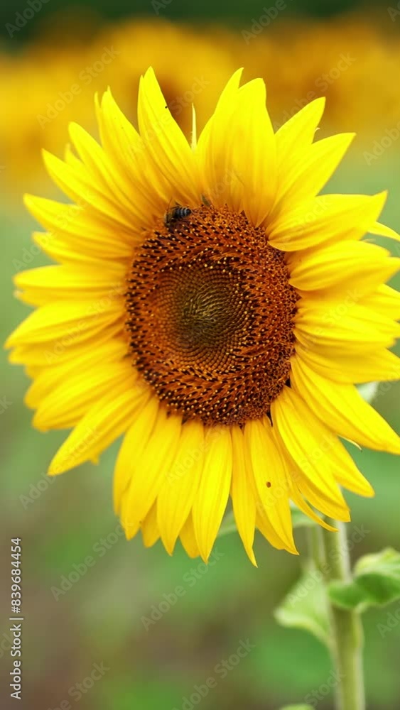 Lovely beautiful bright sunflower with a worker bee gathering nectar. Slowly swaying flower in the agricultural field. Close up. Vertical video Lovely beautiful bright sunflower with a worker bee gathering nectar. Slowly swaying flower in the agricultural field. Close up. Vertical video