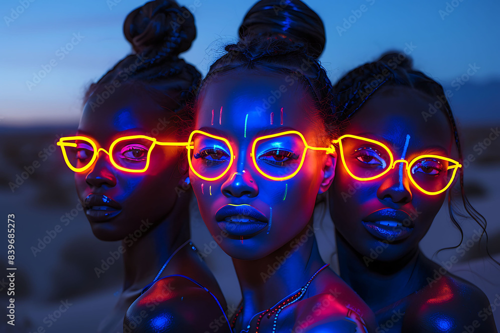 Obraz premium Three beautiful women glowing neon lines on their faces and bodies dark background night sky in the desert captured in the style of canon eos r5