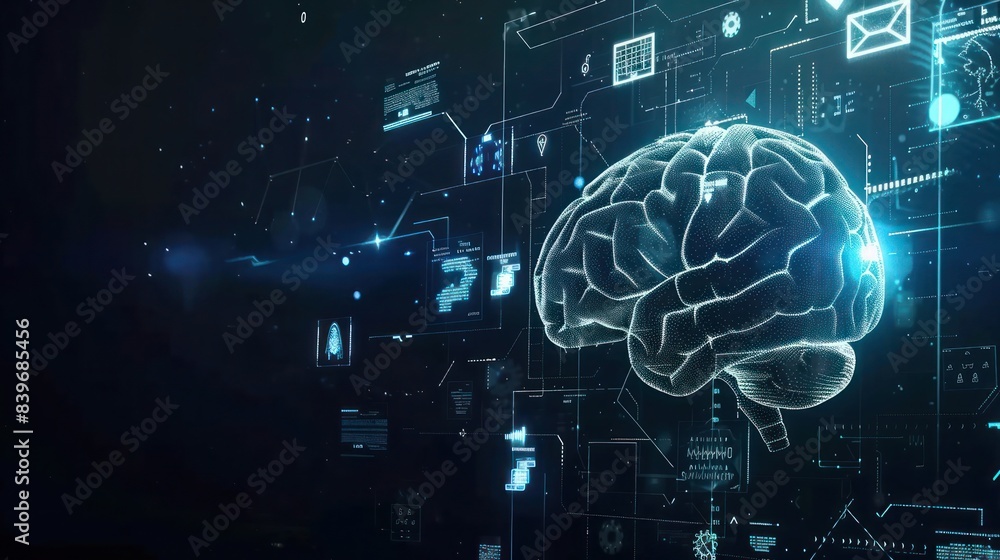 digital concept of Abstract technology futuristic brain with health care icons digital concept of Abstract technology futuristic brain with health care icons