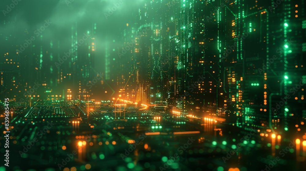 Fototapeta premium neon tech atmosphere, abstract design with silver and green neon lights on a digital background, evoking technology and inspiration in a futuristic style