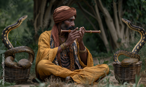 Snake charmer playing flute with two cobras in baskets.  Traditional and exotic performance concept.