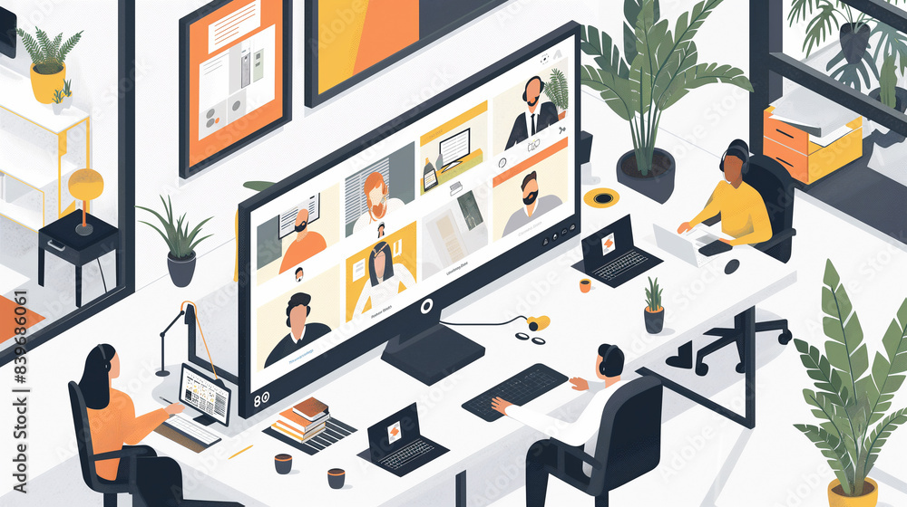 A group of people are working in a cubicle with a large monitor in front of them A group of people are working in a cubicle with a large monitor in front of them