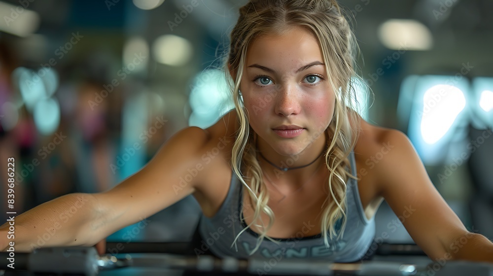 young female casually doing tricep dips on parallel bars in a gym fitness room her arms working hard with each dip young female casually doing tricep dips on parallel bars in a gym fitness room her arms working hard with each dip