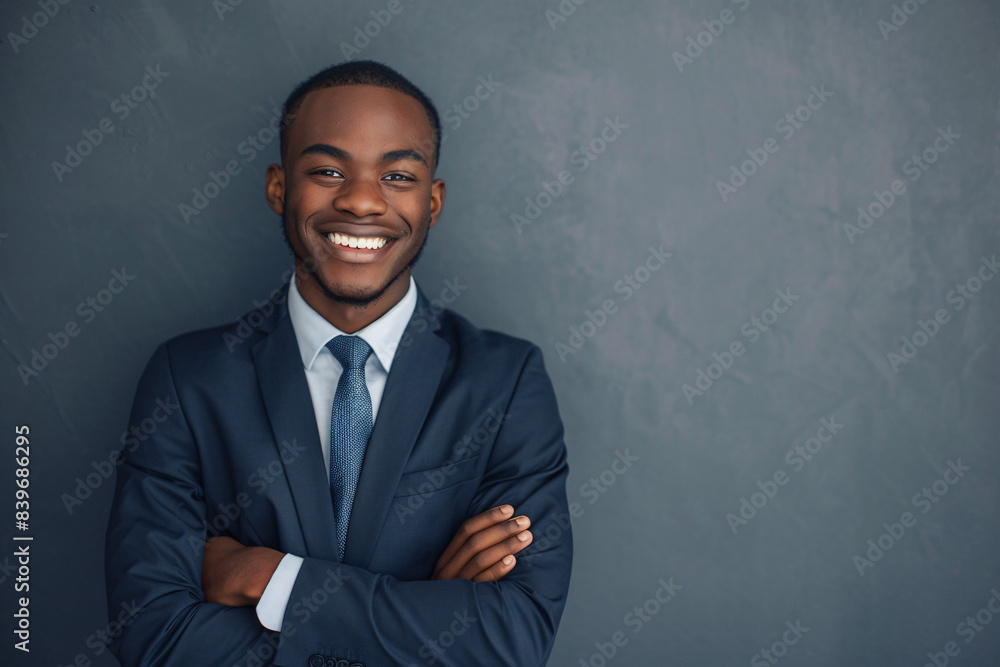 A confident businessman in a suit with crossed arms smiling against a gray background emphasizing professionalism and trust A confident businessman in a suit with crossed arms smiling against a gray background emphasizing professionalism and trust