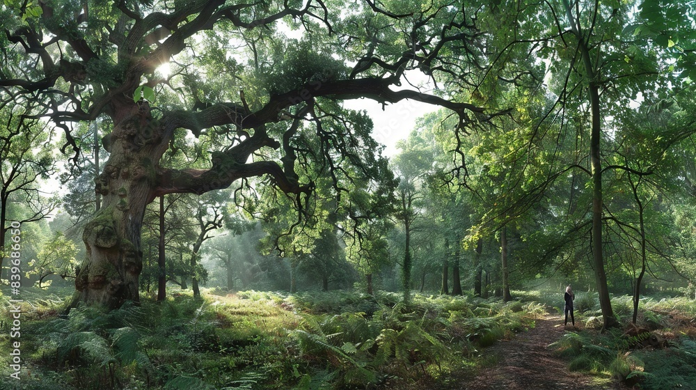 Fototapeta premium A majestic tree towers over the lush forest floor, its emerald canopy casting dappled light onto the ground below In the distance, a solitary figure ambles past