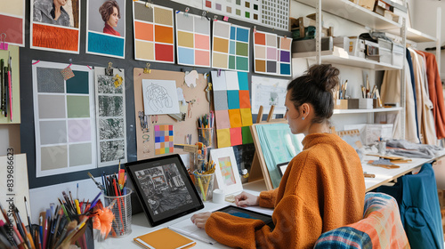 A woman is sitting at a desk with a laptop and a tablet photo