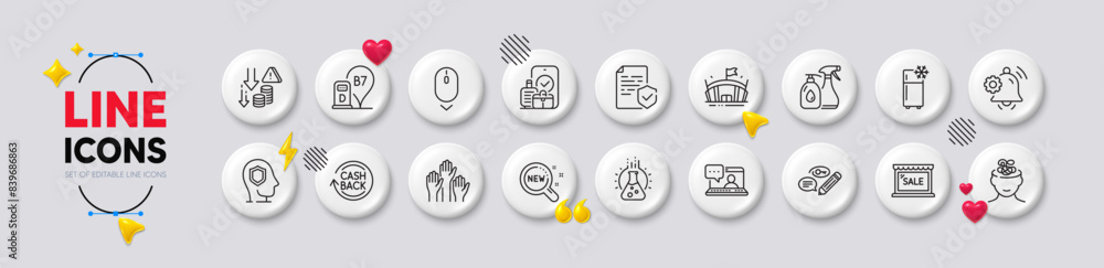 Carry-on baggage, Refrigerator and Scroll down line icons. White buttons 3d icons. Pack of Anxiety, Cashback, Deflation icon. Voting hands, Chemistry lab, Notification bell pictogram. Vector Carry-on baggage, Refrigerator and Scroll down line icons. White buttons 3d icons. Pack of Anxiety, Cashback, Deflation icon. Voting hands, Chemistry lab, Notification bell pictogram. Vector
