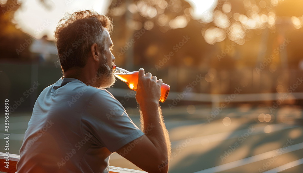 Fototapeta premium man drinking a bottle of beer at a tennis bar