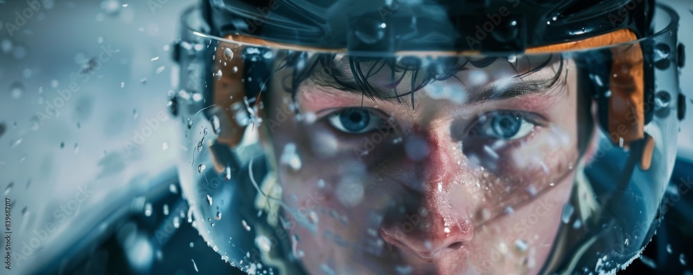 Portrait of european men hockey player in action, active healthy lifestyle banner. Generative AI. Portrait of european men hockey player in action, active healthy lifestyle banner. Generative AI.