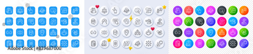 Yummy smile, Inspect and Teamwork line icons. Square, Gradient, Pin 3d buttons. AI, QA and map pin icons. Pack of Builder warning, Video conference, User call icon. Vector