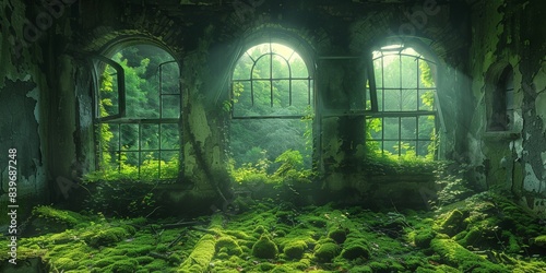 An illuminated room filled with numerous mosscovered windows and plants photo