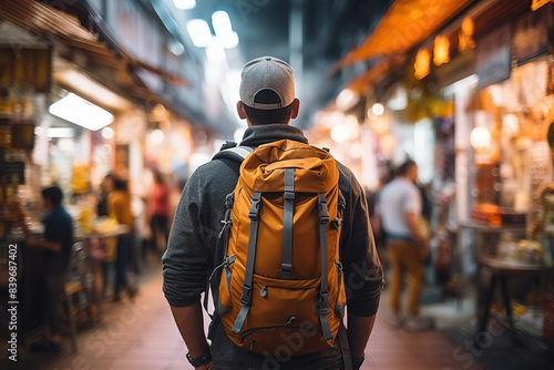 A male tourist with a backpack walks through a bustling urban market illuminated by warm lights at dusk during his journey. photo